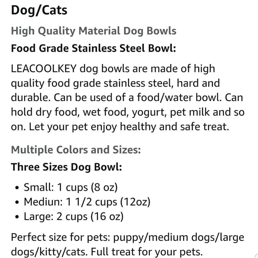 LEACOOLKEY Stainless Steel 2 Pack Dog/Cat Bowls New With Tags Sz. Sall